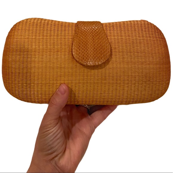 . Handbags - Tan Handbag Clutch Python Snake Chain